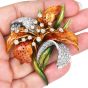 Vintage Italian Enamel  6.25cts Diamond 18K Gold Lily Brooch