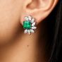 Estate Diamond Emerald Platinum Half Halo Clip-On Flower Earrings
