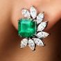 Estate Diamond Emerald Platinum Half Halo Clip-On Flower Earrings