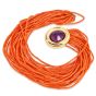 1970s Multi Strand Red Natural Coral Necklace with Jumbo Amethyst Clasp
