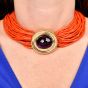 1970s Multi Strand Red Natural Coral Necklace with Jumbo Amethyst Clasp