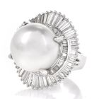 Estate South-Sea Pearl Platinum baguette diamond cocktail Ring