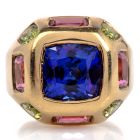 Estate Tanzanite Tourmaline 18K Gold Dome Cushion Edged Statement Ring