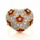 Vintage 2.57ct Ruby Pave Diamond 18K Yellow Gold Heart Motif Cocktail Ring