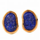 Lapis Lazuli Cameo Portrait 18K Gold Clip-Back Designer  Earrings