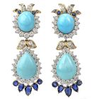 Estate Diamond Sapphire & Turquoise 18K Gold Drop Dangle Earrings
