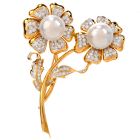 Estate Diamond Pearl 18K Gold Double Flower Pin Brooch