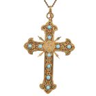 Antique Turquoise 22K Gold Unique Fleur de Lis Large Cross Pendant 