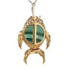 Vintage 1970’s Malachite Diamond 18K Gold Fish w Hook Pin Brooch