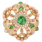 Estate Stylish Circular Diamond Coral Emerald18k Yellow Gold  Pin 