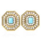 Estate Diamond Turquoise 18K Gold Octagon Halo Clip-On Earrings