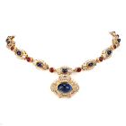 Estate 1980s Large Cabochon Sapphire Ruby diamond 18k Gold Pendant Necklace 