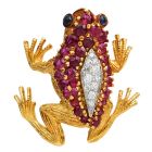 Retro Vintage Diamond Ruby Sapphire 18K Gold Textured Frog Brooch Pin