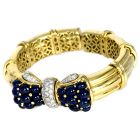 Estate Diamond Sapphire 18K Gold Bow Cuff Bangle Bracelet-Dover Jewelry