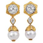 Buccellati Old Mine Cut Diamond & Pearl 18K Gold Drop Day Night Earrings
