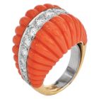 1970S Red Coral 18K Yellow Gold Dome Shape Diamond Cocktail Ring 