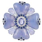 Estate Floral Chalcedony Tanzanite Sapphire Diamond 18K White Gold Pin Brooch