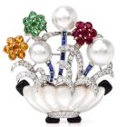 Estate 10.58cts Multi-Gem Flower Basket Lapel 18K Gold Brooch 49.4 Grams