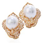 1980's Diamond South Sea Pearl 18K Gold Cluster Floral Clip On Earrings