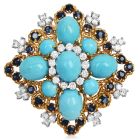Vintage 1960s Turquoise, Diamond & Sapphire 18K Yellow Gold Brooch Pin 