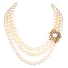 David Webb Diamond Pearl 18K Yellow Gold Flower Clasp Triple Strand Necklace