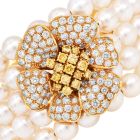 Diamond Flower 5Rows Pearl 18K Yellow Gold Cuff Bracelet |Dover Jewelry|