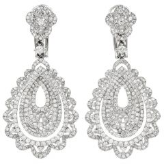 Estate Diamond 18K White Gold Flower Mandala Dangle Drop Earrings 