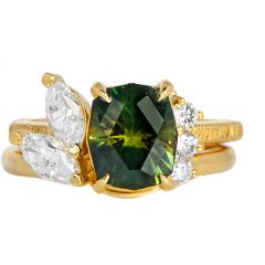 Custom Order Green Sapphire Diamond 18K Yellow Gold Engagement Ring & Wedding Band Bridal Set