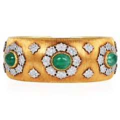 Vintage Buccellati Emerald Diamond 18K Gold Rigato Cuff Bracelet|Dover Jewelry|