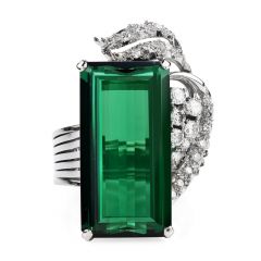 Vintage GIA Green Tourmaline Diamond Platinum Ribbon Cocktail Ring
