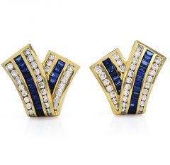Charles Krypell Diamond Blue Sapphire 18K Yellow Gold "V" Clip On Earrings