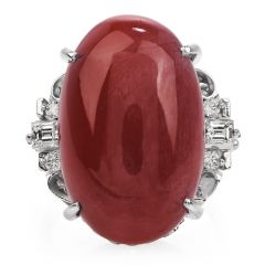 Estate Red Coral Diamond Platinum Cocktail Ring