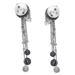 Estate Unique Diamond Sapphire Pearl 18K Gold Ball Chain Dangle Drop Clip On Earrings