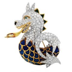Vintage 12.24cts Diamond Enamel 18K Gold Unique Dragon Pin Brooch 