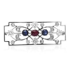 Vintage Diamond Cabochon Ruby Sapphire Platinum Floral Brooch Pin