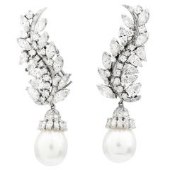 Vintage Diamond Pearl Dangle Platinum Drop Day Night Earrings