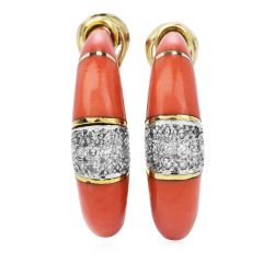 Vintage Diamond Coral 18K Gold Elegant Clip On Earrings