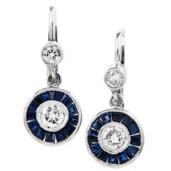 Estate Deco style Diamond Sapphire Platinum Dangle Earrings