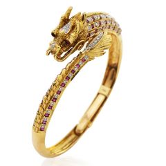 Vintage Diamond Ruby Asian Dragon 18K Gold Bypass Bangle Bracelet