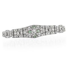 Art Deco Diamond Emerald Platinum Floral Link Bracelet