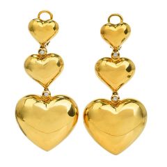 Italian Estate Diamond 18K Yellow Gold Polished Large Heart Dangle Drop Earrings