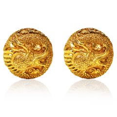 Vintage Retro 18K Yellow Gold Asian Dragon Round Clip-On Earrings