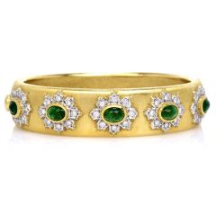 M. Buccellati Diamond Emerald 18K Gold Flower Textured Bangle Bracelet 