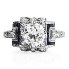 Vintage 1.61ct European Cut Diamond Sapphire Platinum Vintage Engagement Ring