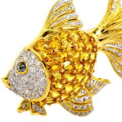 Estate Diamond Yellow Sapphire Gold Fish 18K Gold Cluster Brooch Pin