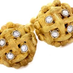Vintage Retro Diamond 18K Gold Woven Signed Cufflinks