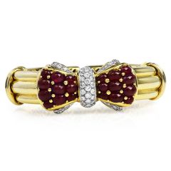 Vintage 19.50cts Ruby Diamond 18K Gold Bow Cuff Bangle Bracelet