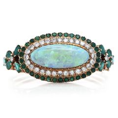 Retro Vintage Opal Diamond Emerald 14K Rose Gold Halo Bangle Bracelet  