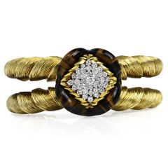 Vintage La Triomphe Diamond Fine Tiger Eye Gold Cuff Bracelet