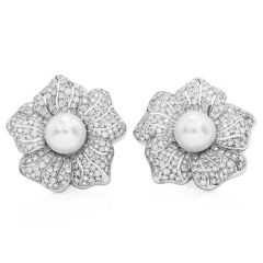 Vintage  Diamond South Sea Pearl Platinum Large Flower Clip On Earrings